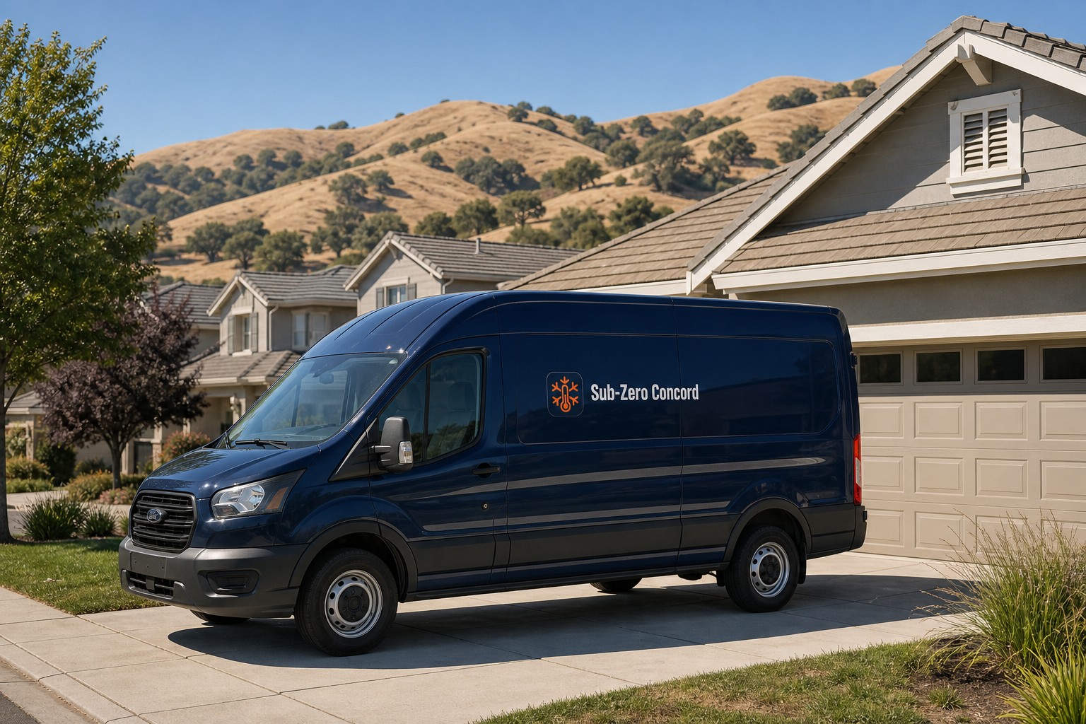 Navy Sub-Zero Concord service van parked in the driveway of a Concord home