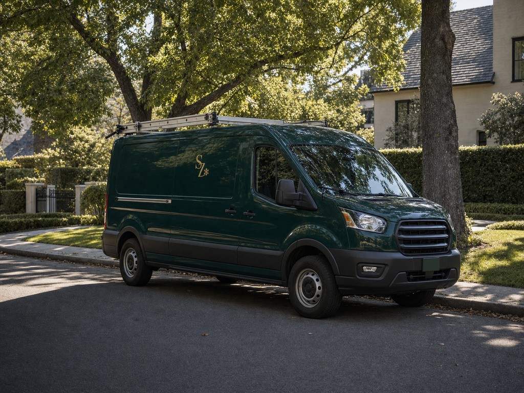 Clean navy Sub-Zero Concord service van on a tree-lined Concord residential street with dry golden hills behind