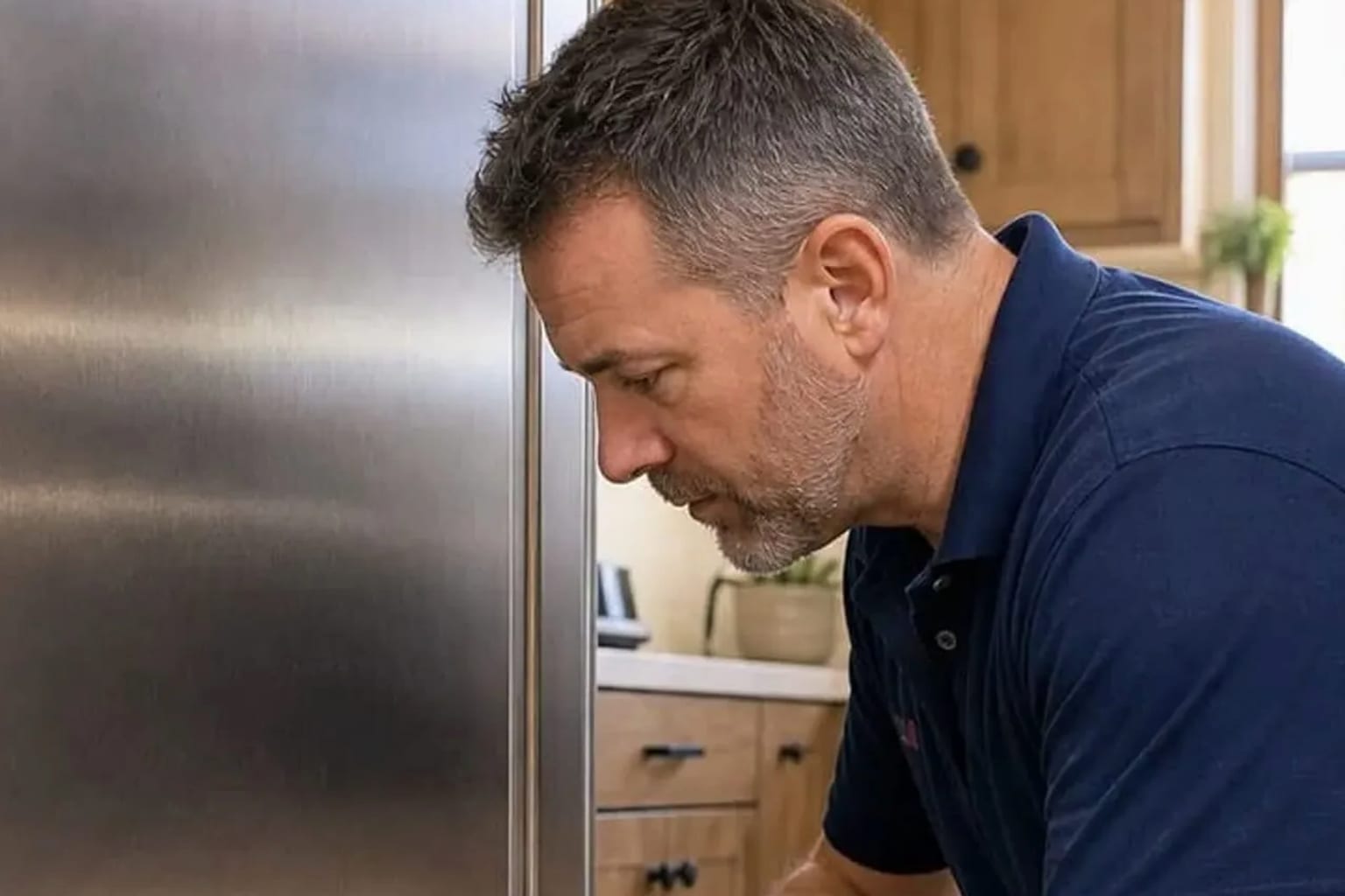 Technician running the dollar-bill test on a Sub-Zero refrigerator door gasket in a Concord kitchen.